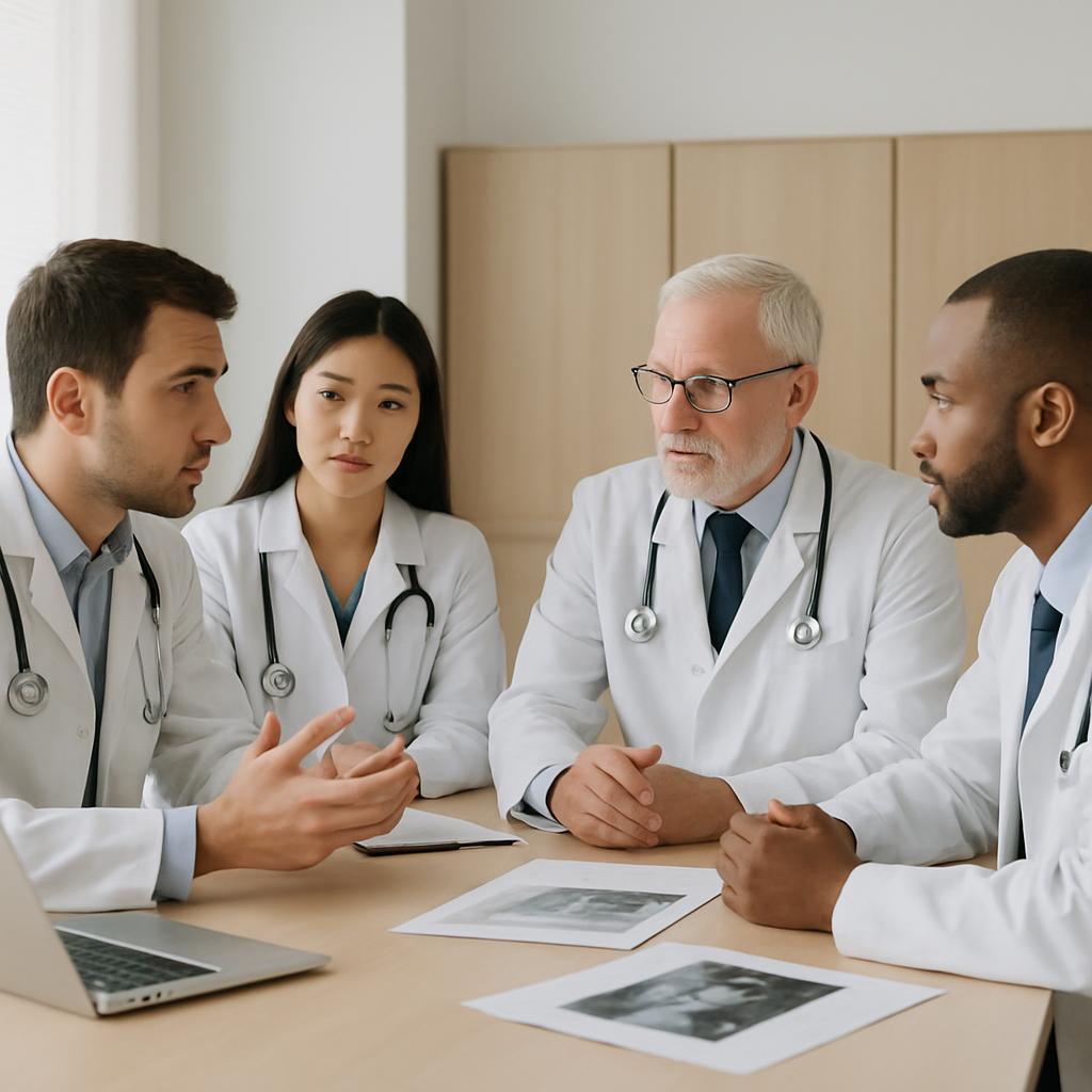 Four doctors seated at a light wood Table, engaged to discuss X-ray images displayed on the table and on a laptop screen i...