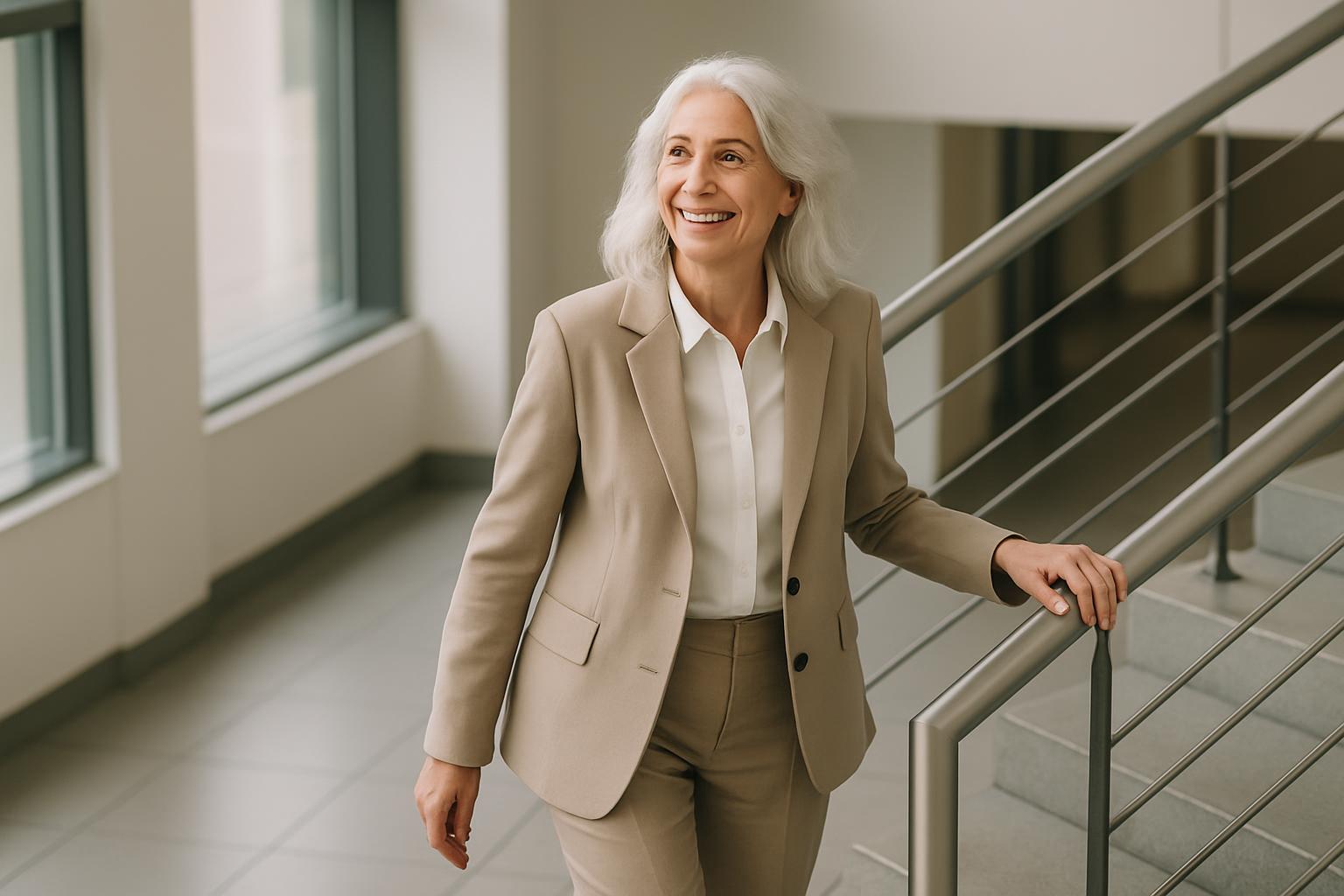 An older woman with gray hair, dressed in a tan suit and white top, standing next to a railing and smiling.