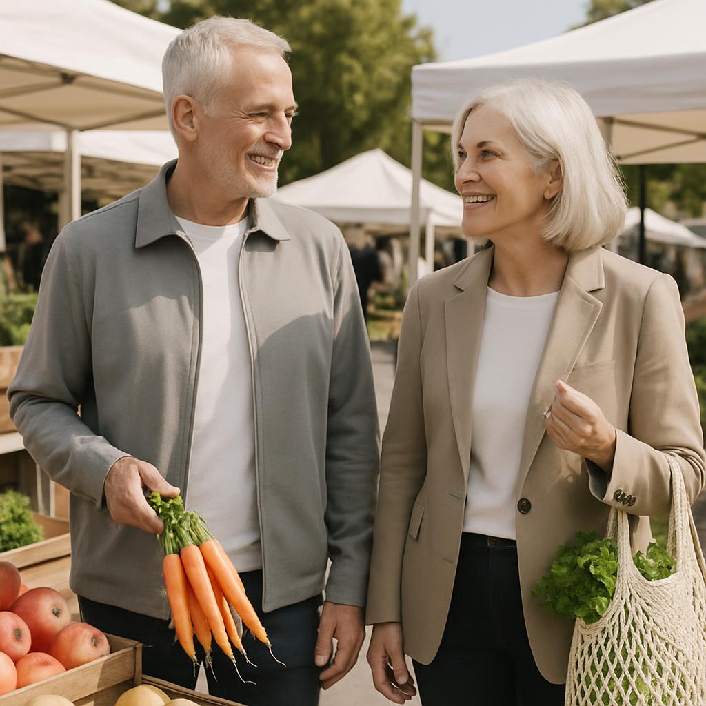 A man and a woman smile at each other at a farmers market. The man is wearing a grey positioned collared jacket, a white t...