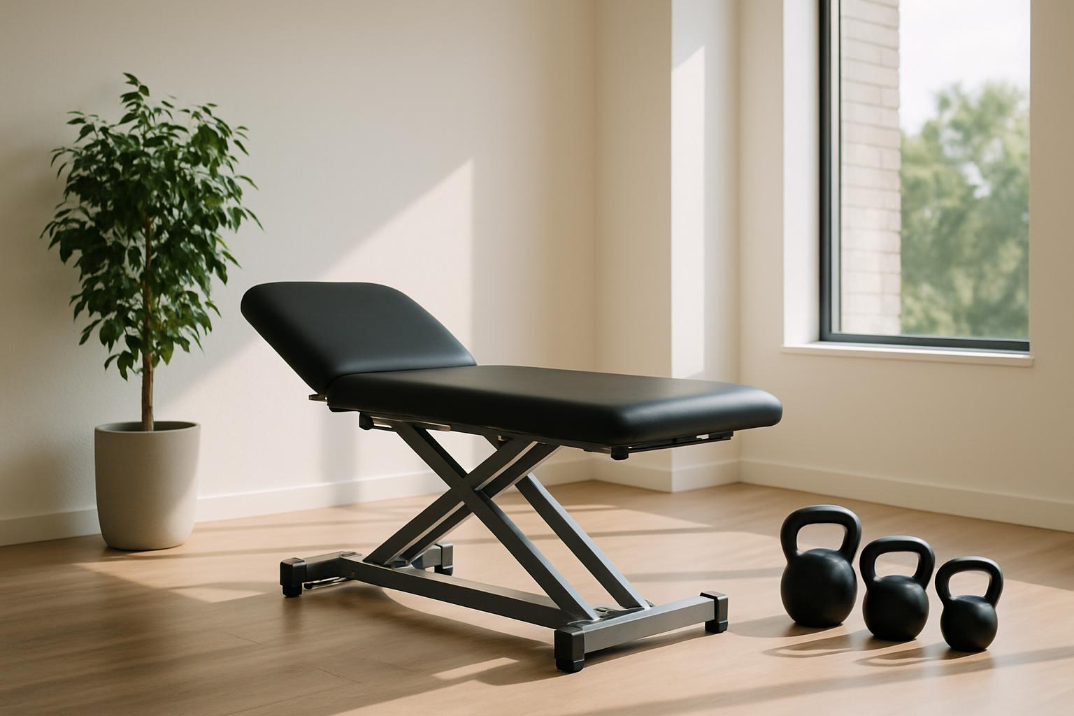 A room with a black massage table, kettlebells, and a potted plant, set against a white wall with a window and natural lig...