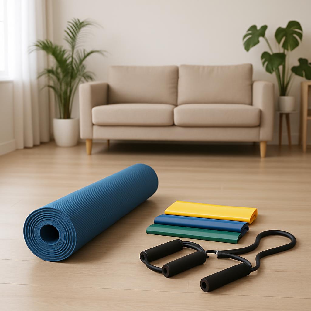 The floor is covered with a rolled-up yoga mat, coloured stretch bands in yellow, blue, dark green, and an exercise band w...
